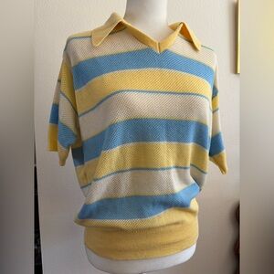 Vintage Studio One by Campus Striped Knit Polo Top in Yellow, Blue & Cream-CUTE